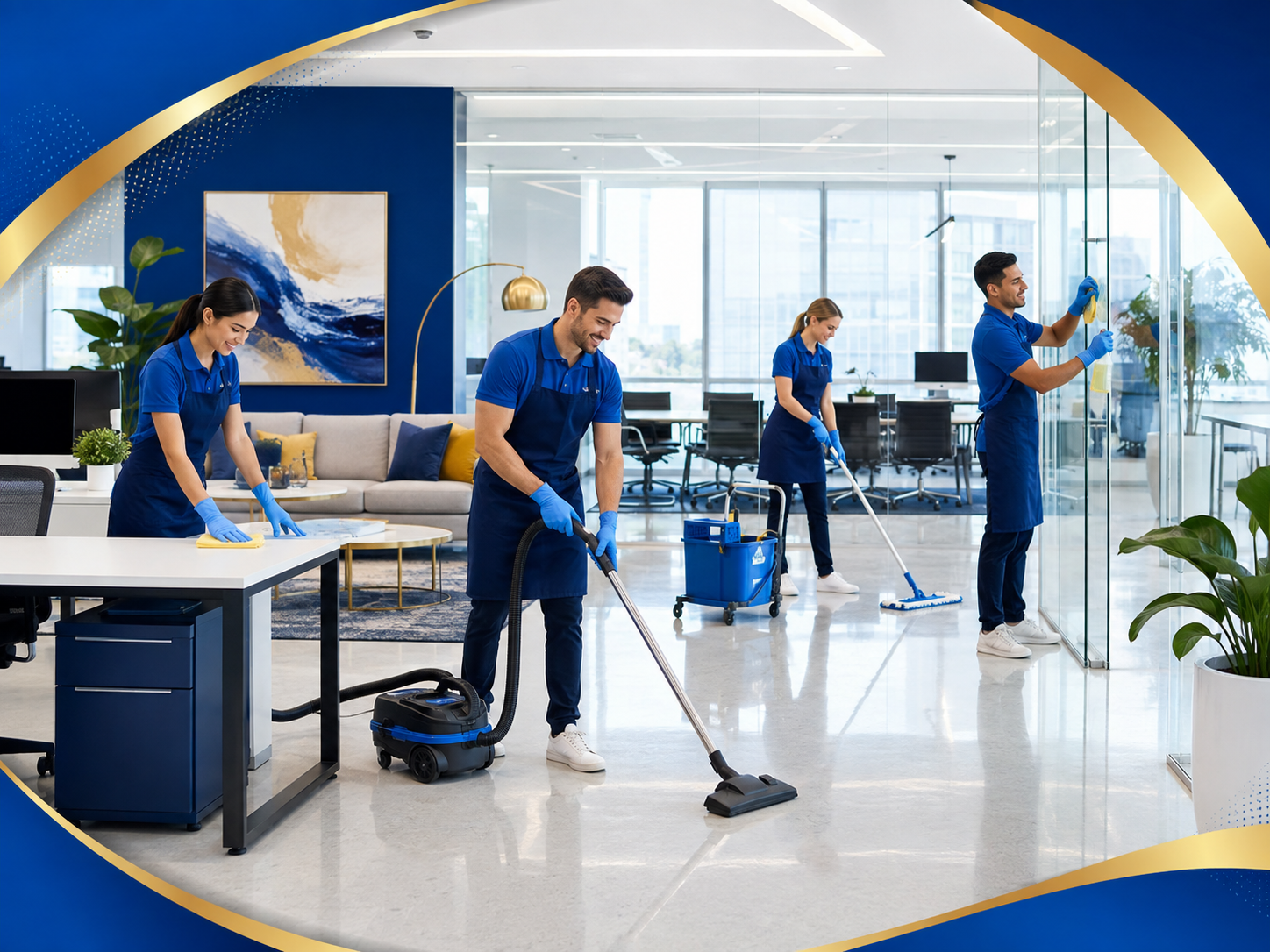 PremierSpark cleaning crew vacuuming, mopping, and polishing glass in a bright modern office
